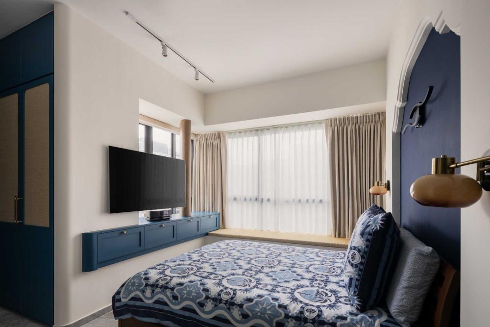 Eclectic Bedroom with TV Console and Feature Wall