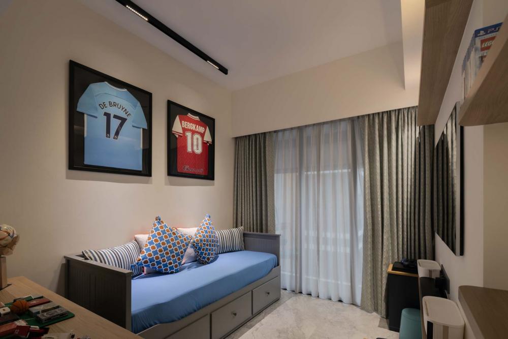Eclectic Home Theatre with Artwork and Sofa