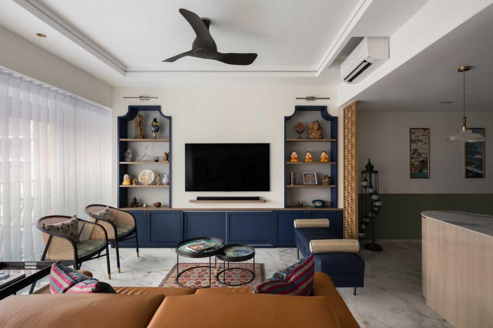 Eclectic Living Room with Marble Floor and TV Console