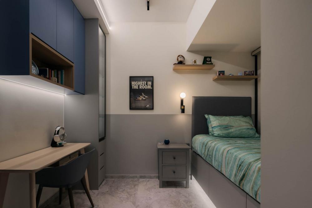 Eclectic Bedroom with Bookshelf and Feature Wall