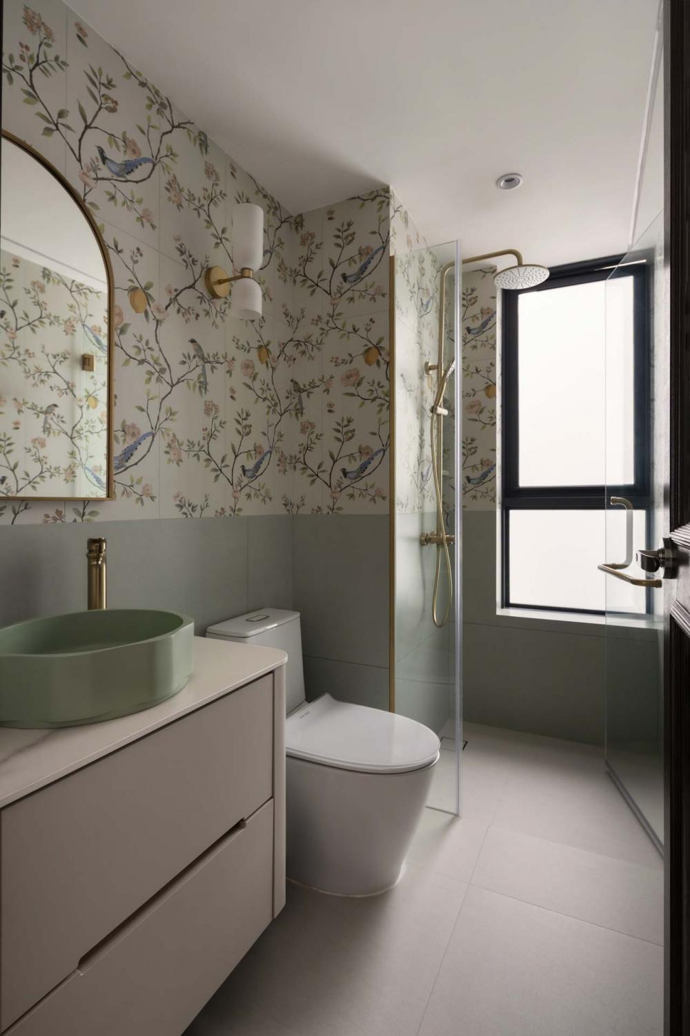 Eclectic Bathroom with Mirror and Rainshower