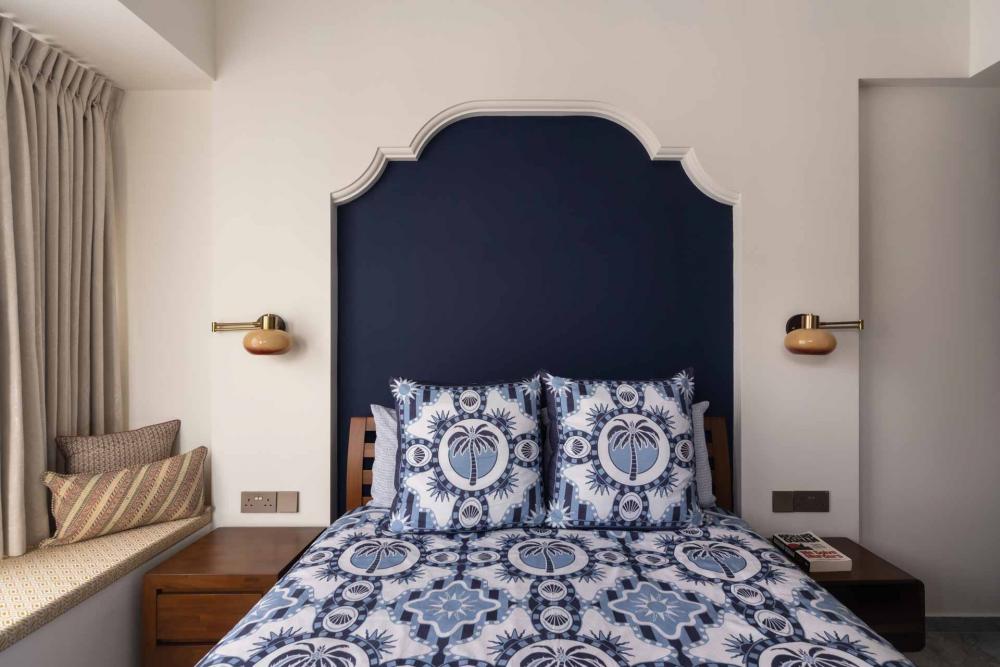Eclectic Bedroom with Feature Wall and Bay Window