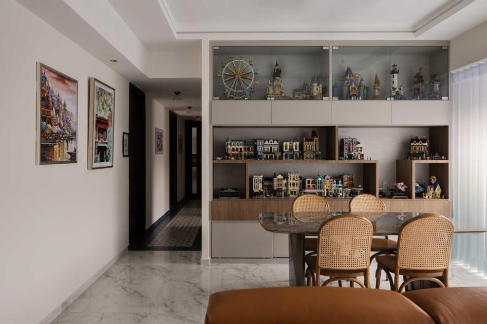 Eclectic Dining Room with Marble Floor and Dining Table