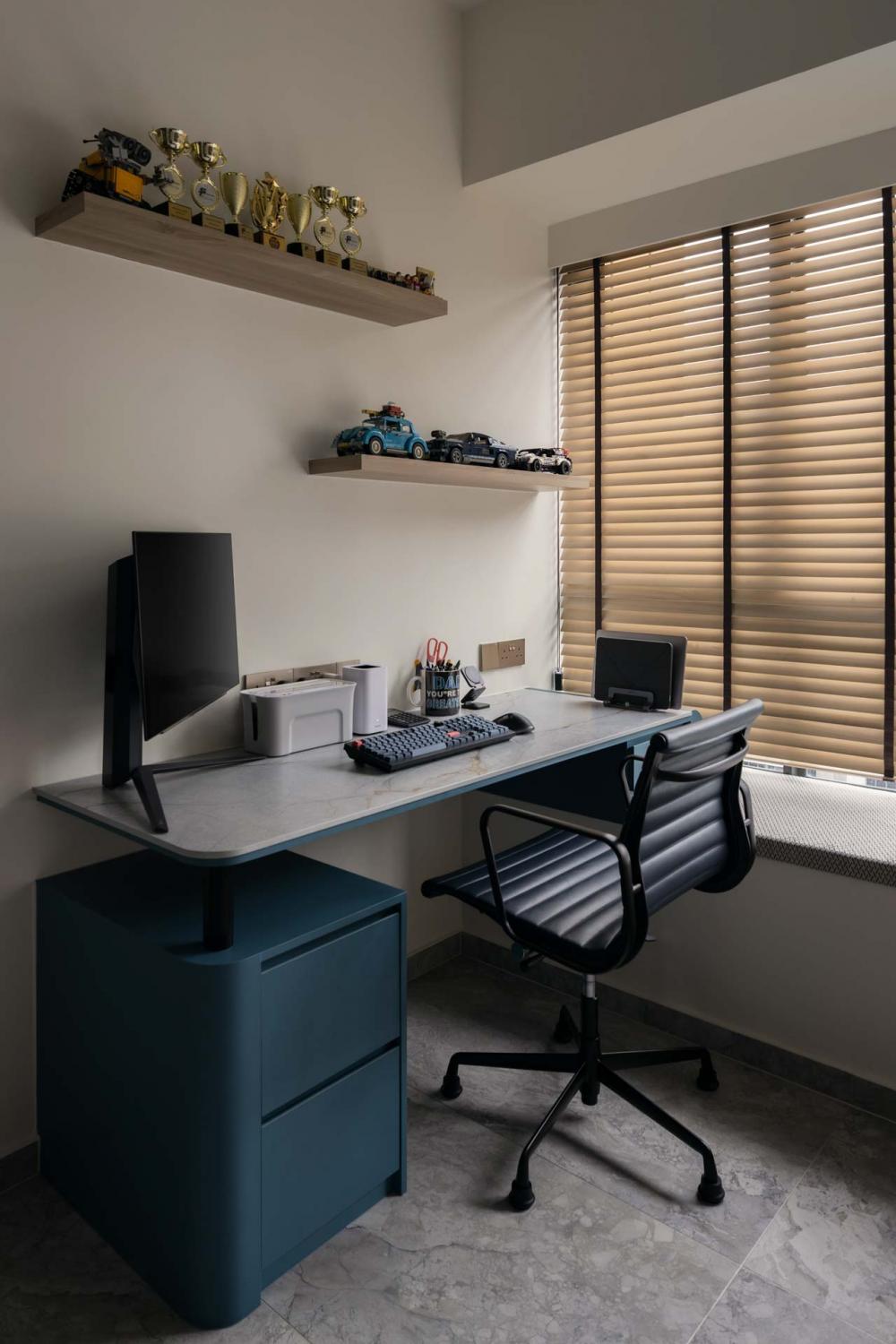 Eclectic Study with Bookshelf and Bay Window