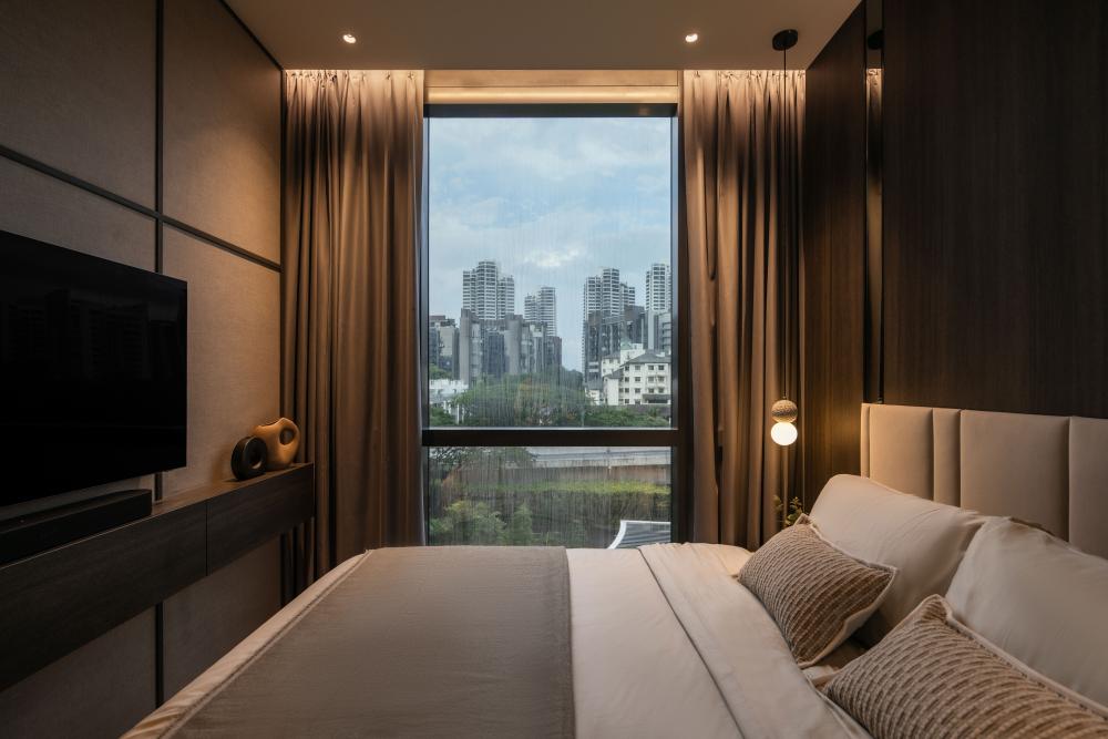 Contemporary Bedroom with Drop Light and Bay Window