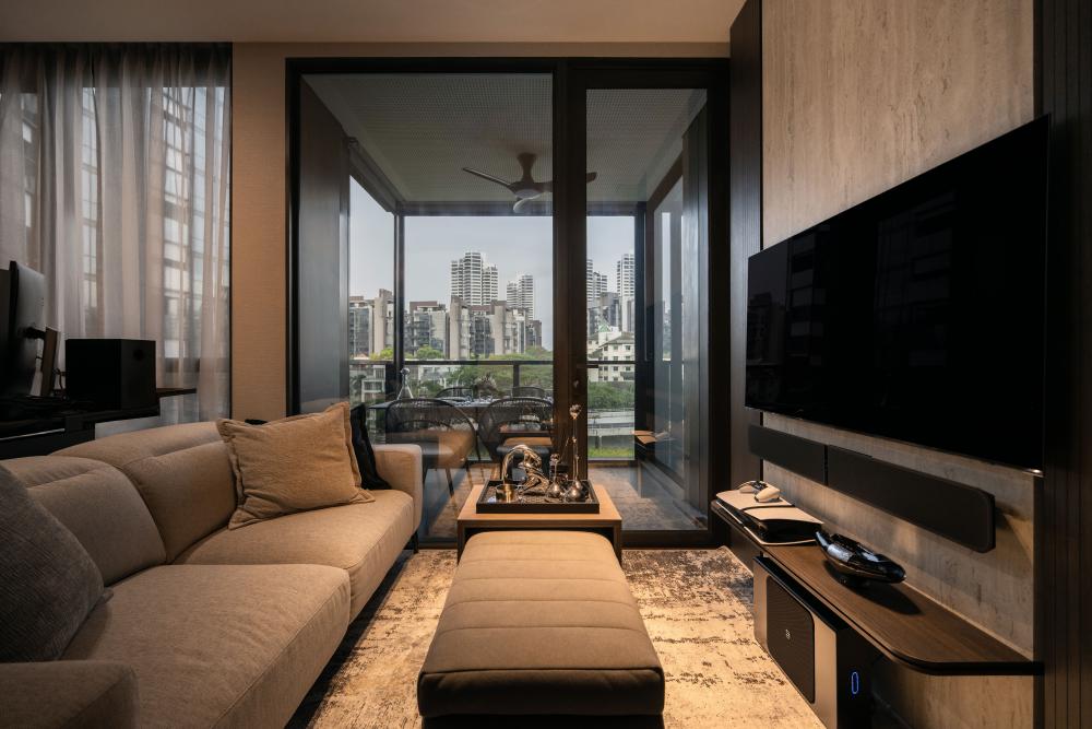 Contemporary Living Room with TV Console and Ceiling Light