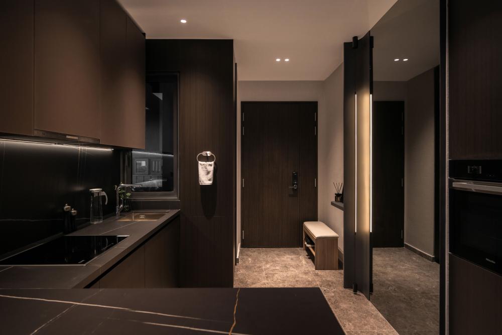 Contemporary Pantry with Kitchen Island and Console Table