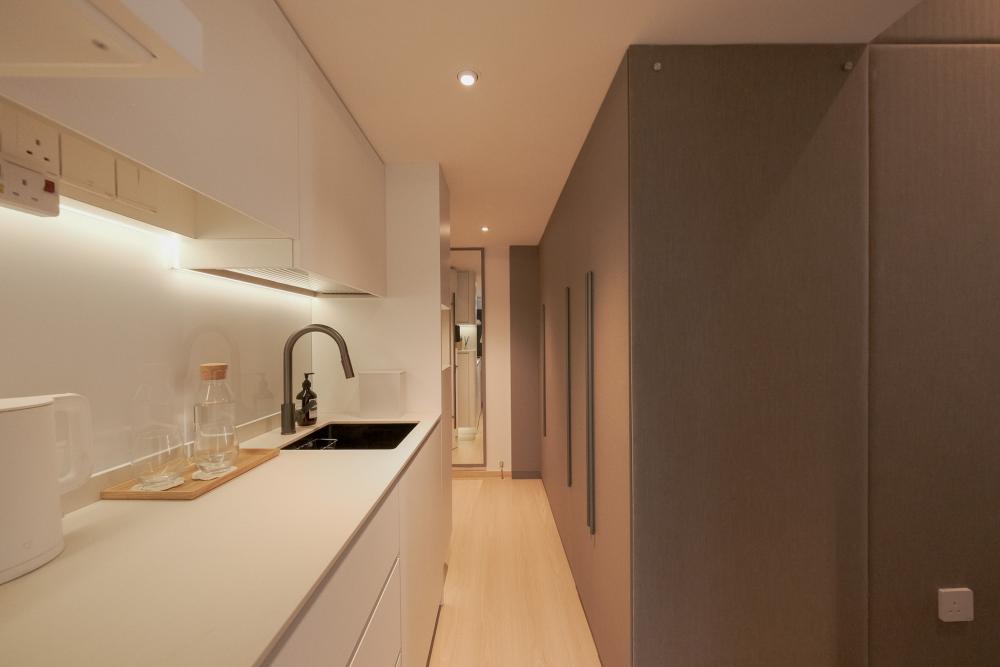 Minimalist Bathroom with Herringbone Tiling and Granite Floor