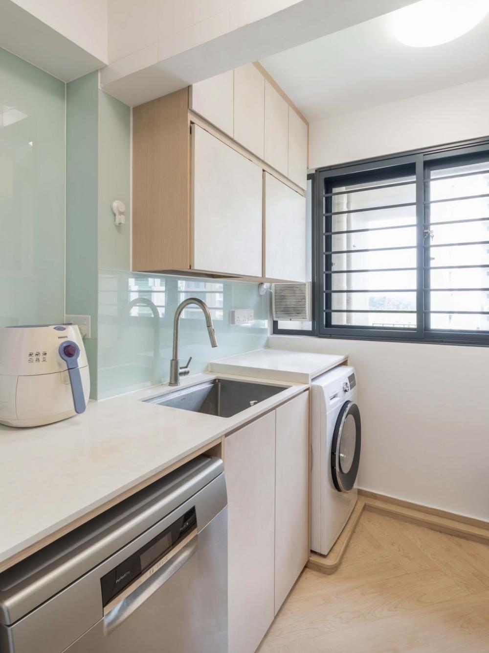 Asian Kitchen with Countertop and Vinyl Flooring