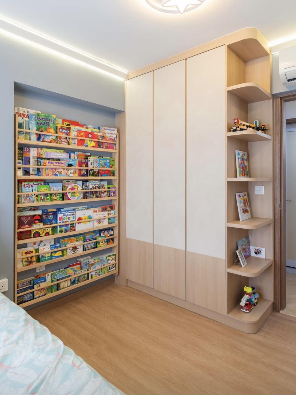 Asian Bedroom with Bookshelf and Vinyl Flooring