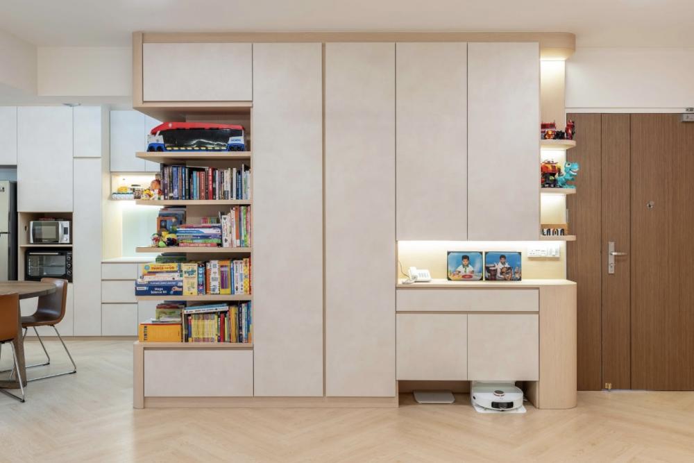 Asian Entryway with Shoe Rack and Doors