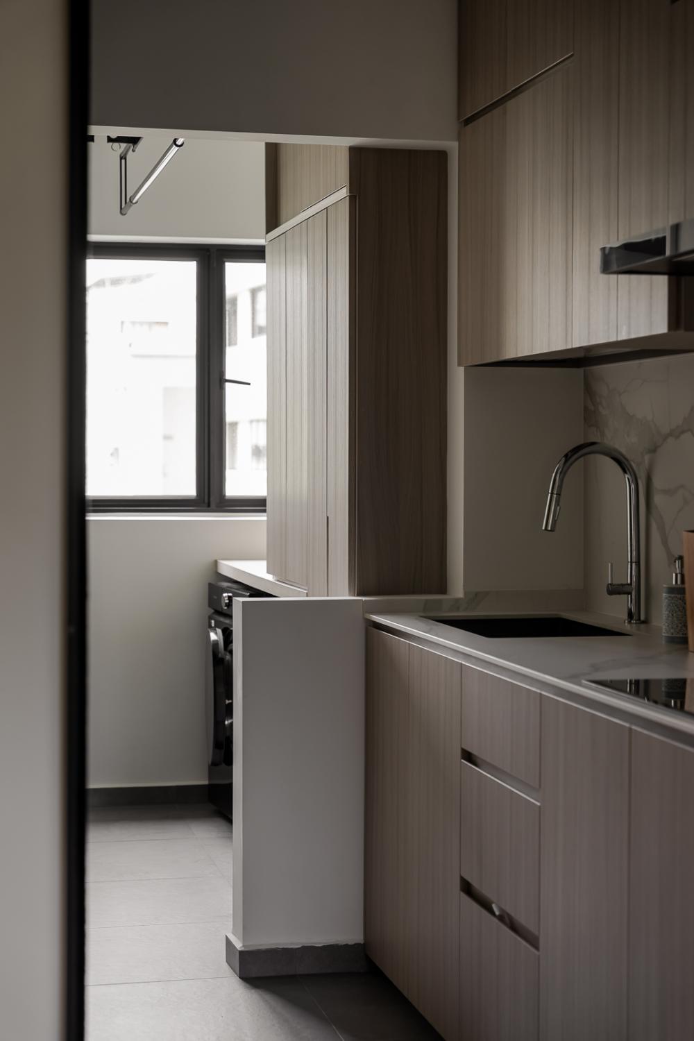 Modern Kitchen with Countertop and Herringbone Tiling