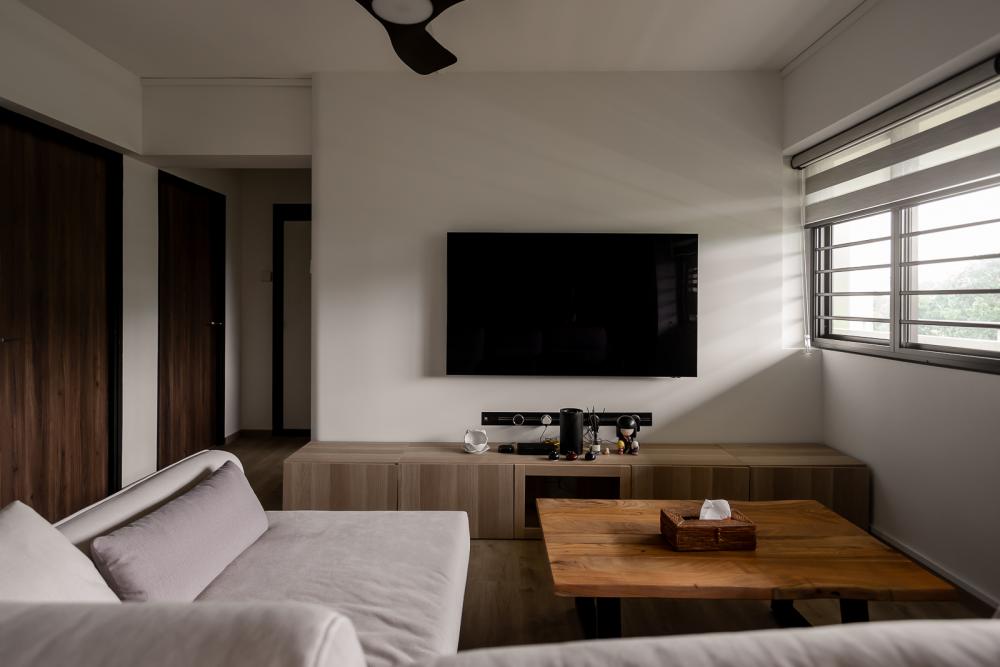 Modern Living Room with TV Console and Roller Blinds