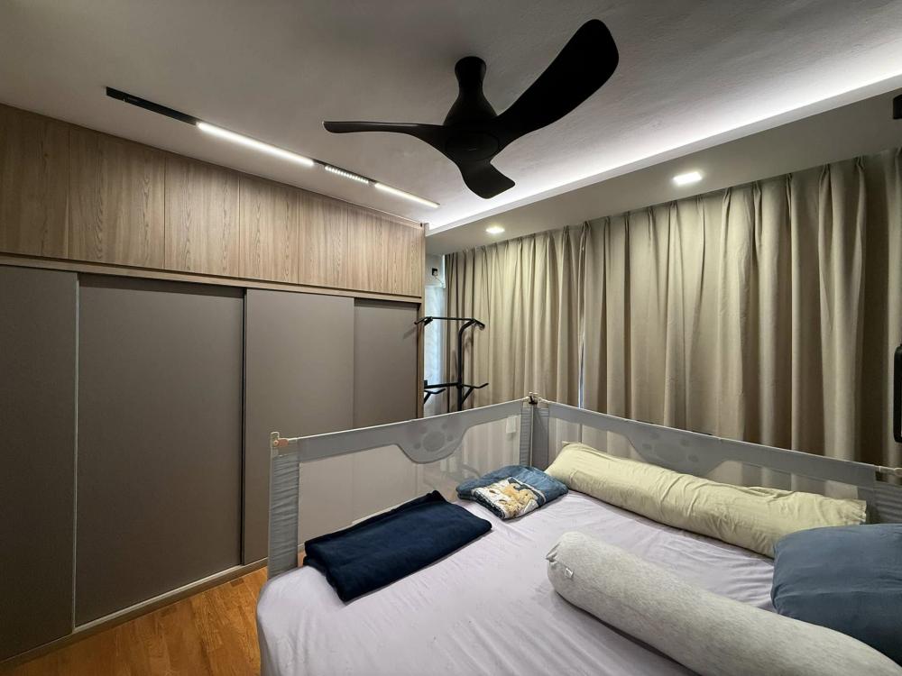 Contemporary Bedroom with Wood Flooring and Drop Ceiling