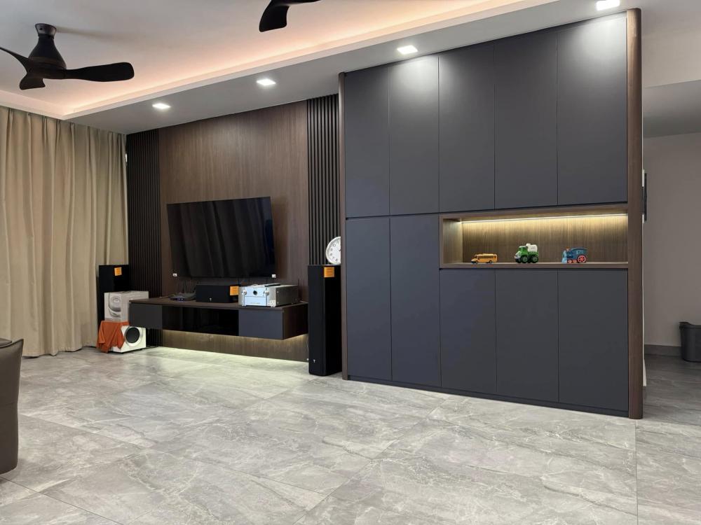 Contemporary Living Room with TV Console and Feature Wall
