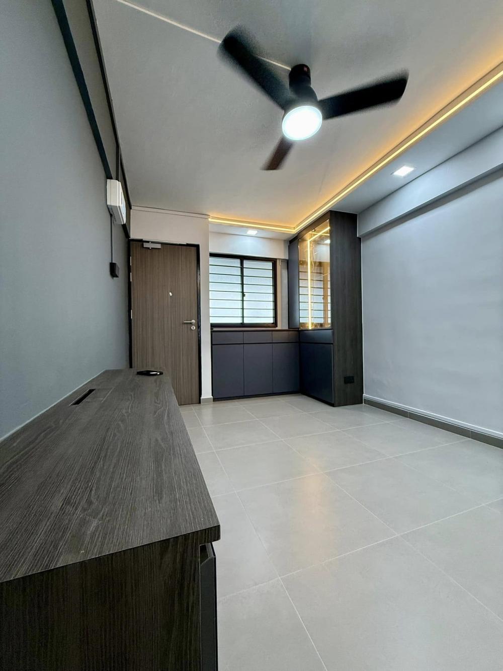 Modern Living Room with Homogeneous Tiles and Cove Lighting
