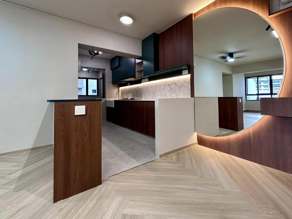 Scandinavian Dining Room with Mirror and Kitchen Island