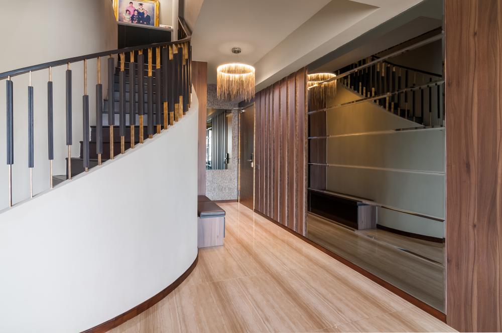 Contemporary Entryway with Mirror and Seating Bench