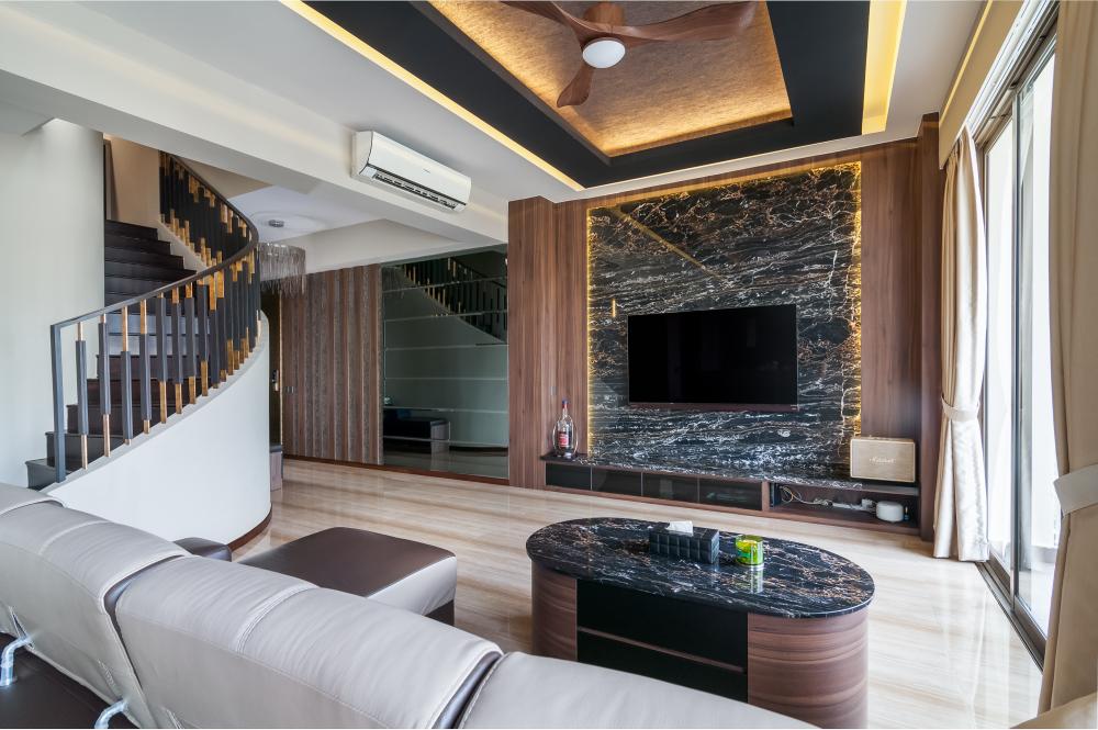 Contemporary Living Room with Homogeneous Tiles and TV Console
