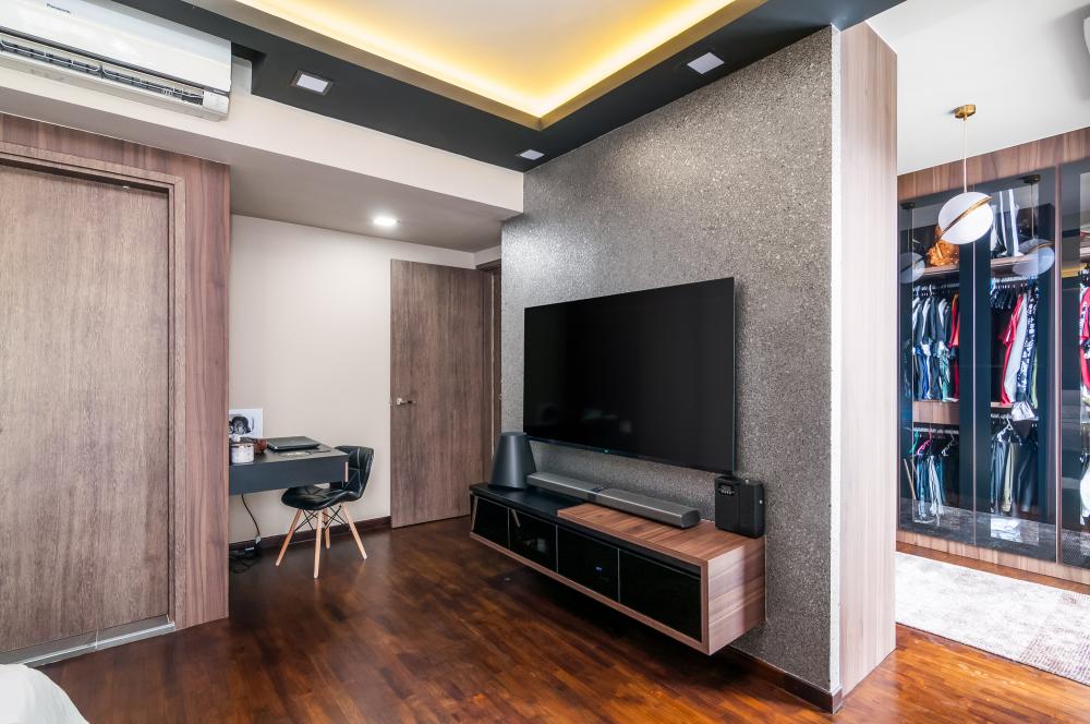 Contemporary Bedroom with Parquet Floor and TV Console