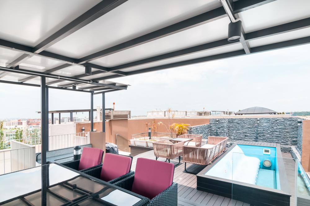 Contemporary Outdoor with Canopy and Awning