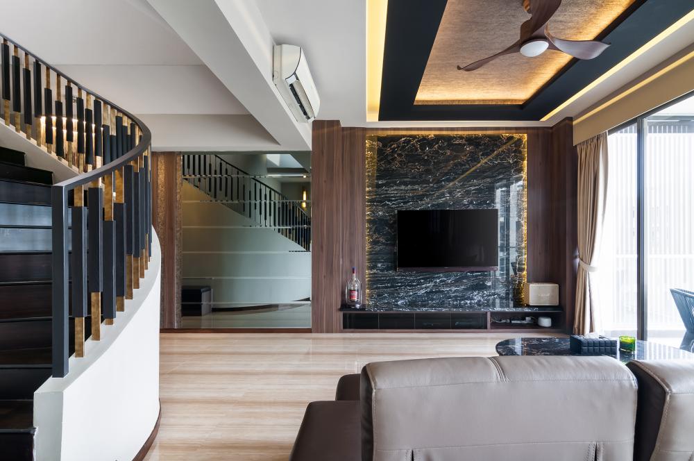 Contemporary Living Room with Homogeneous Tiles and TV Console