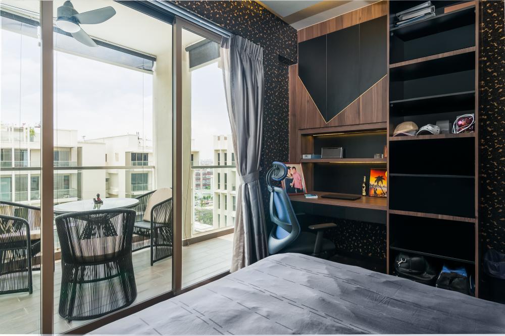 Contemporary Bedroom with Bookshelf and Parquet Floor