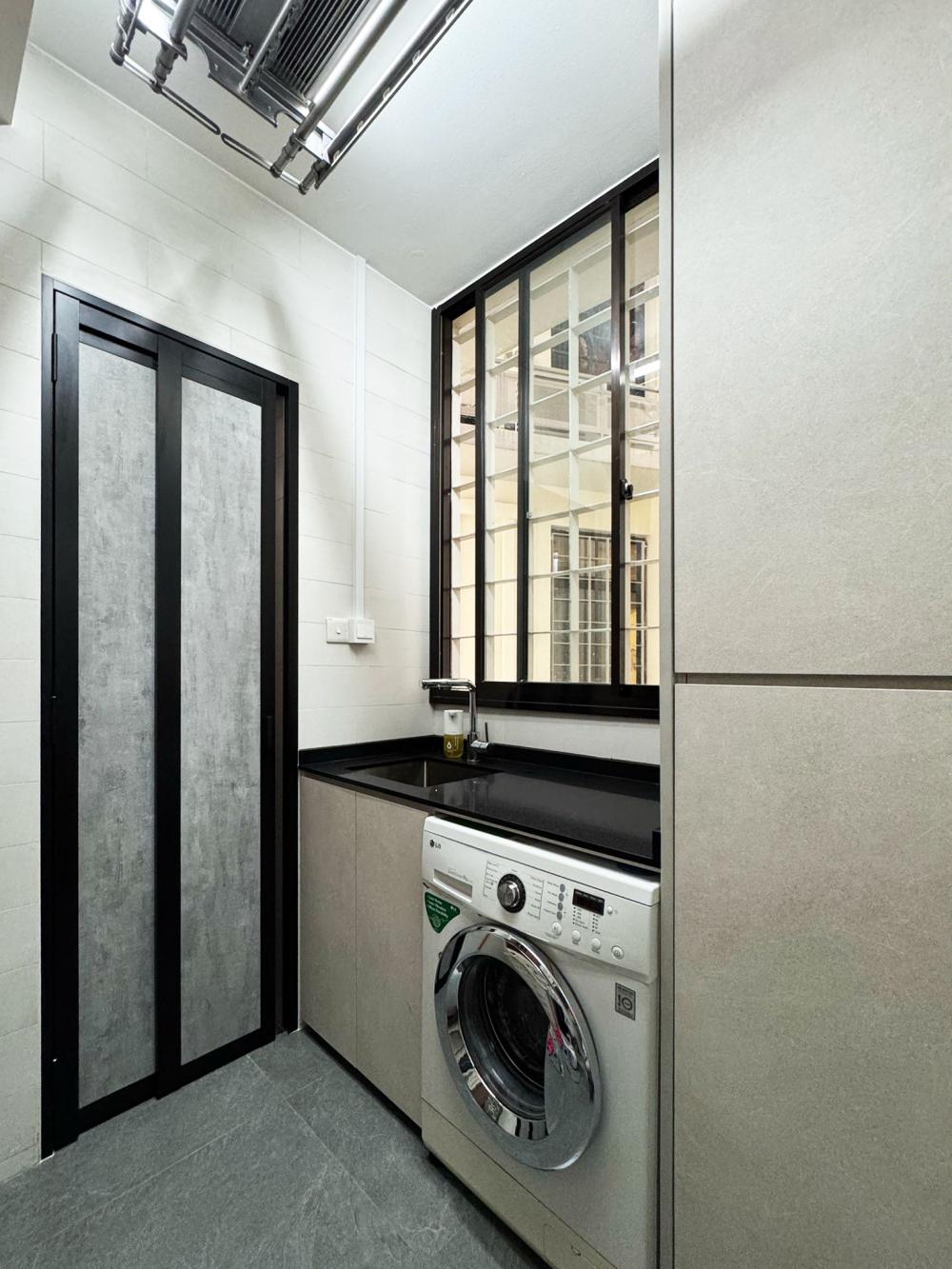 Minimalist Service Yard with Washing Machine and Laundry Area