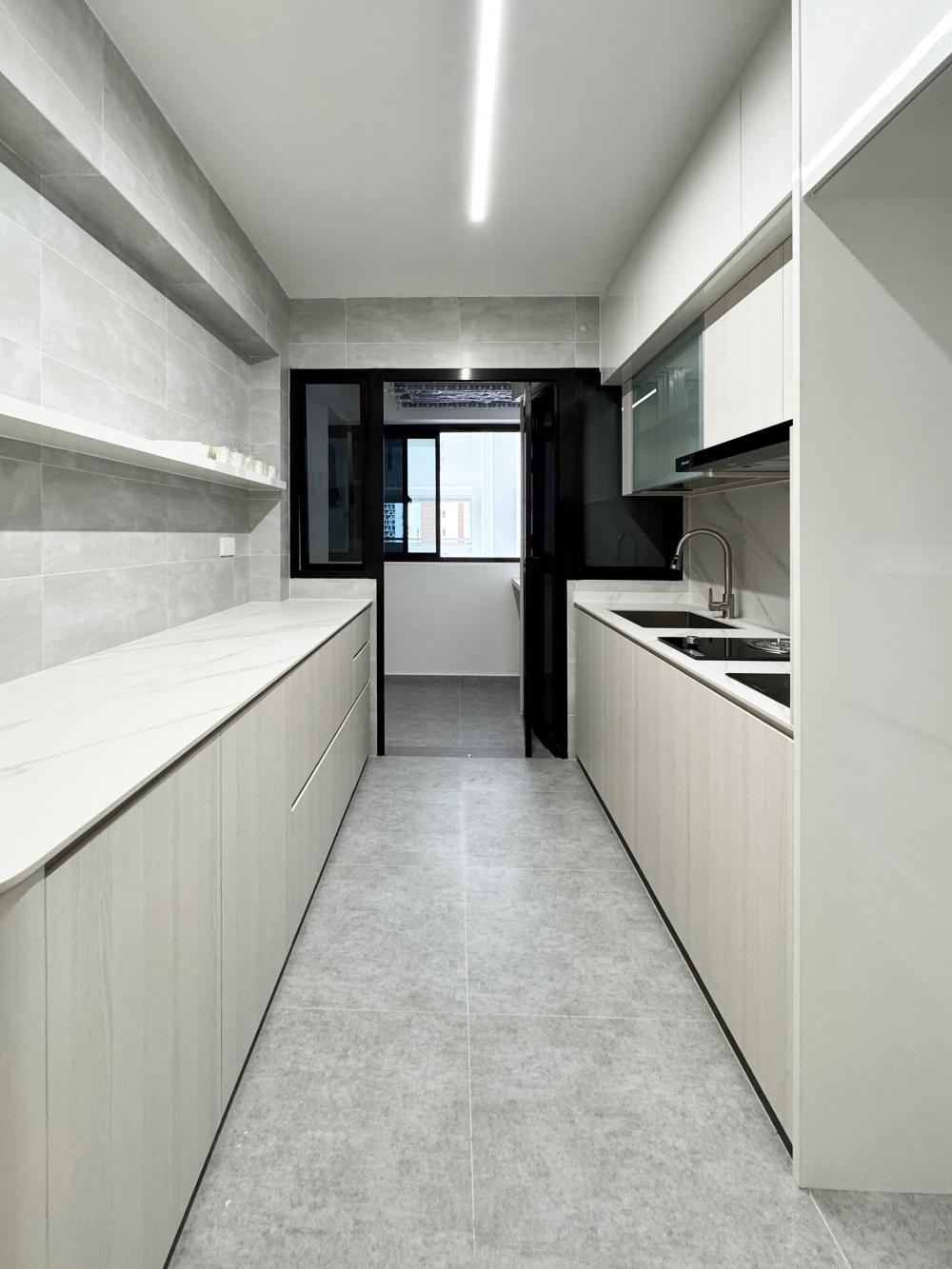 Minimalist Kitchen with Countertop and Marble Floor