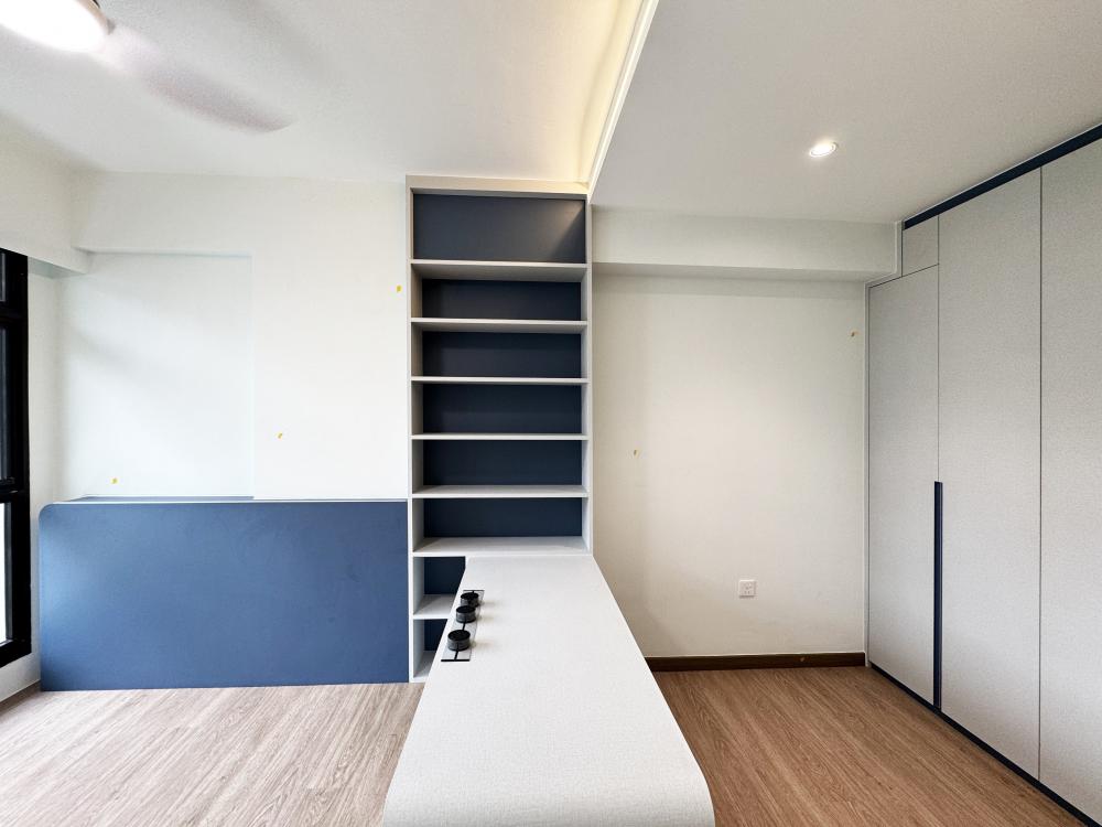 Minimalist Bedroom with Bookshelf and Platform Bed