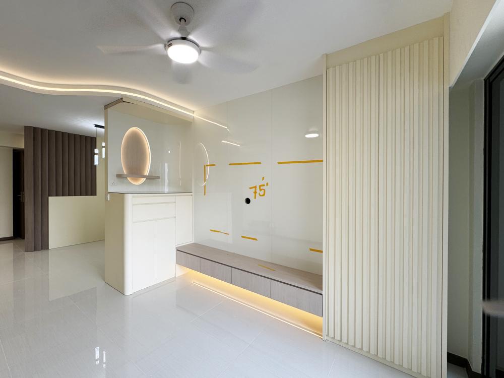 Minimalist Living Room with Marble Floor and TV Console