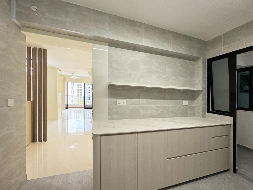 Minimalist Kitchen with Countertop and Marble Floor