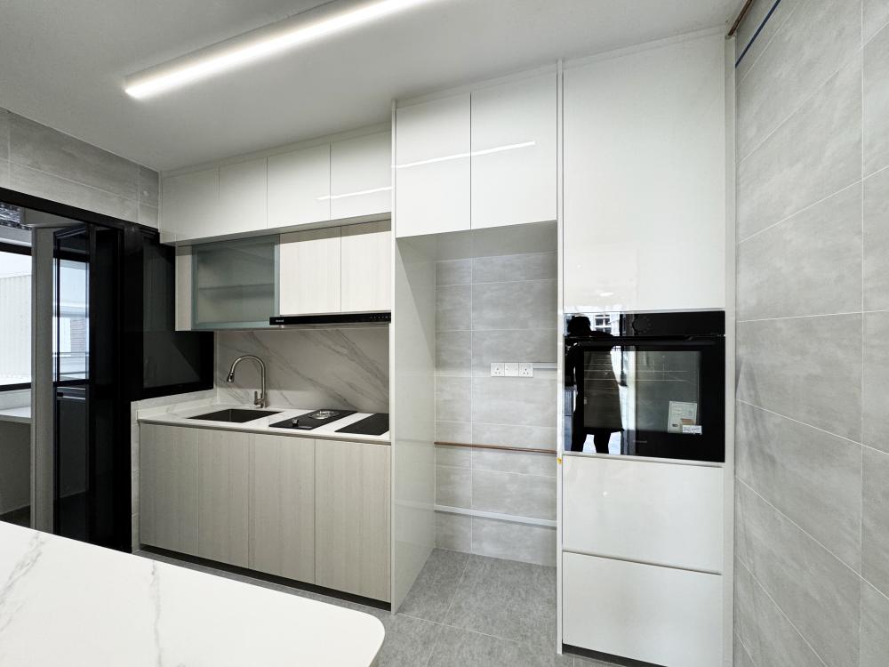 Minimalist Kitchen with Countertop and Marble Floor