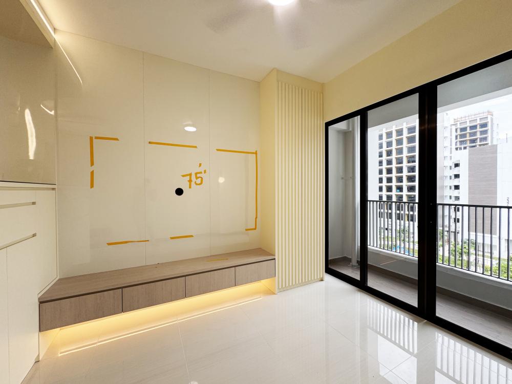 Minimalist Living Room with Bookshelf and Marble Floor