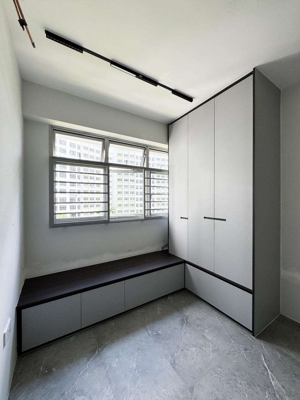 Modern Bedroom with Platform Bed and Marble Floor