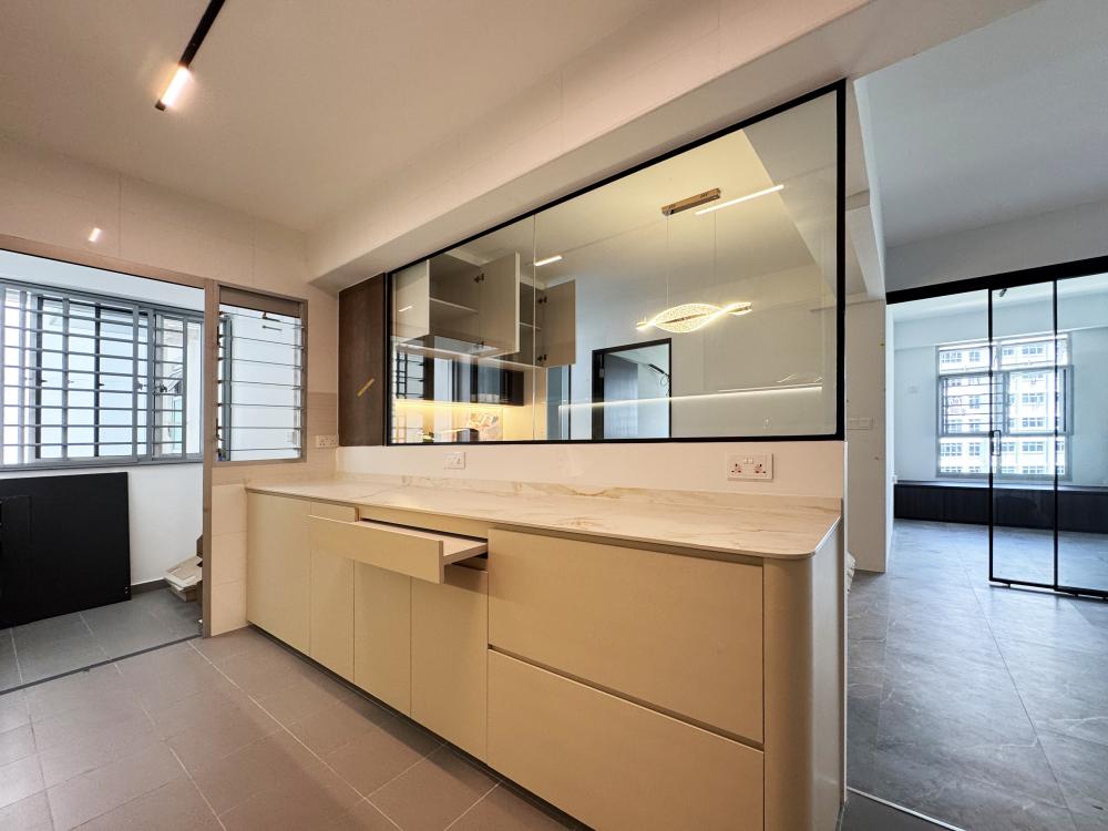 Modern Kitchen with Countertop and Marble Floor