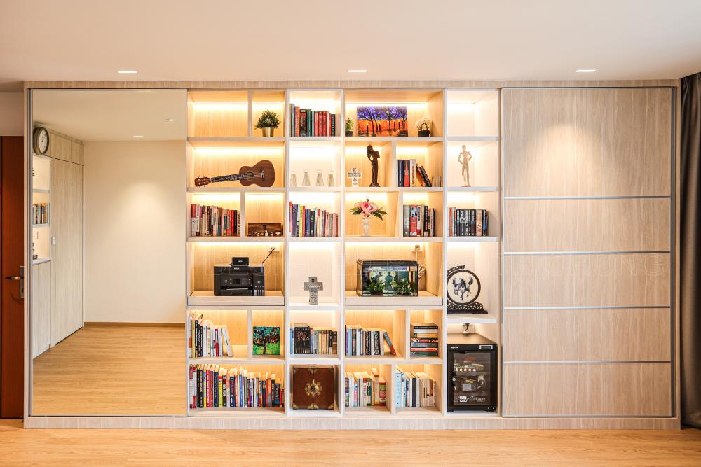 Scandinavian Living Room with Bookshelf and Mirror