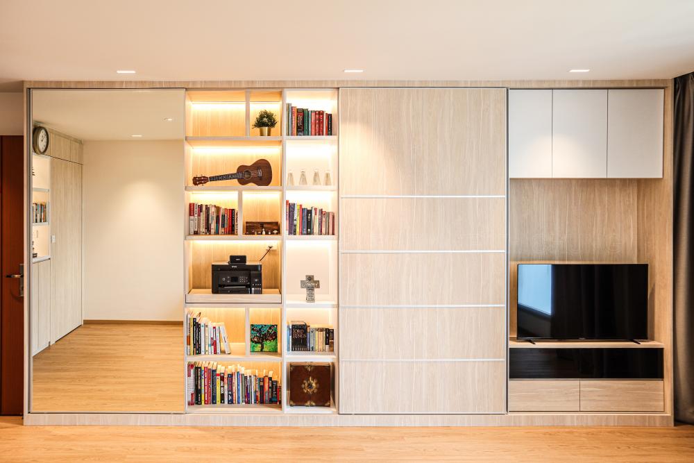 Scandinavian Living Room with Vinyl Flooring and TV Console