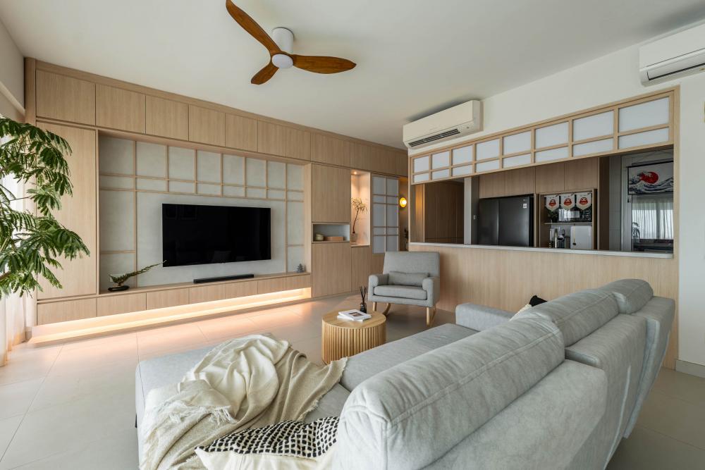 Asian Living Room with Homogeneous Tiles and TV Console