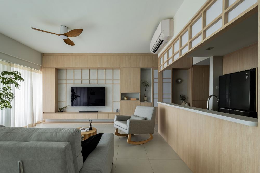 Asian Living Room with Homogeneous Tiles and TV Console