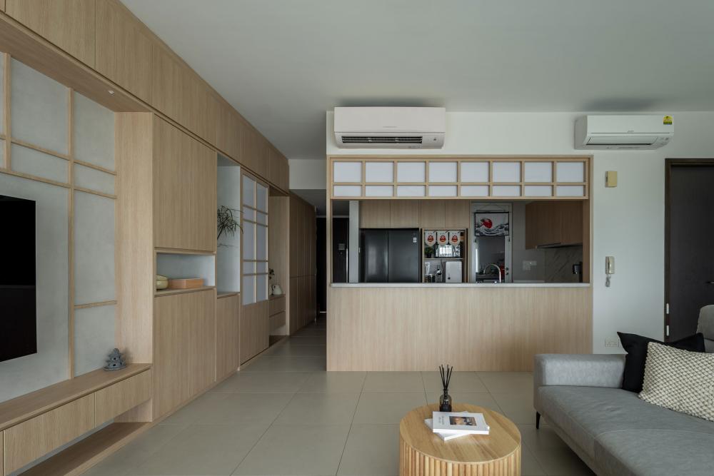 Asian Living Room with Homogeneous Tiles and TV Console