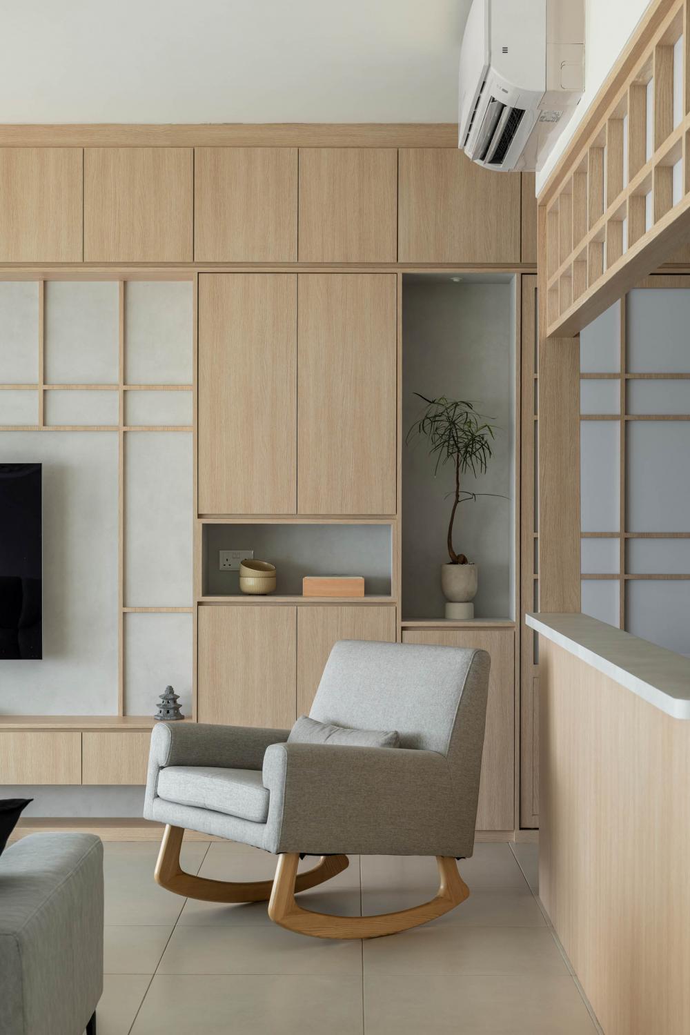 Asian Living Room with TV Console and Feature Wall