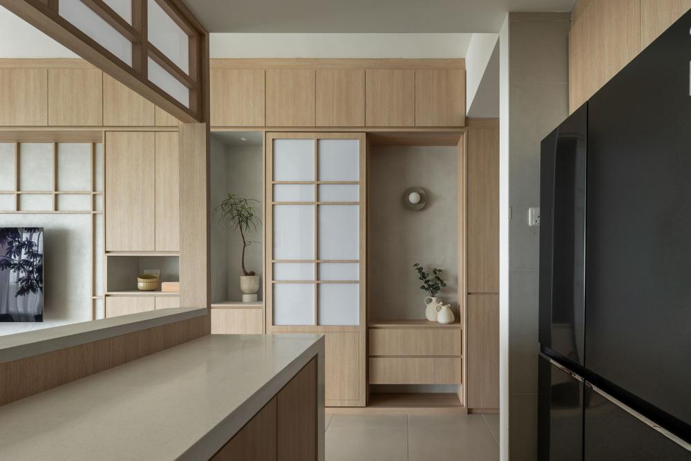 Asian Entryway with Feature Wall and Seating Bench