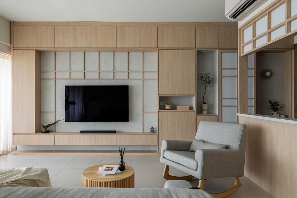 Asian Living Room with TV Console and Feature Wall