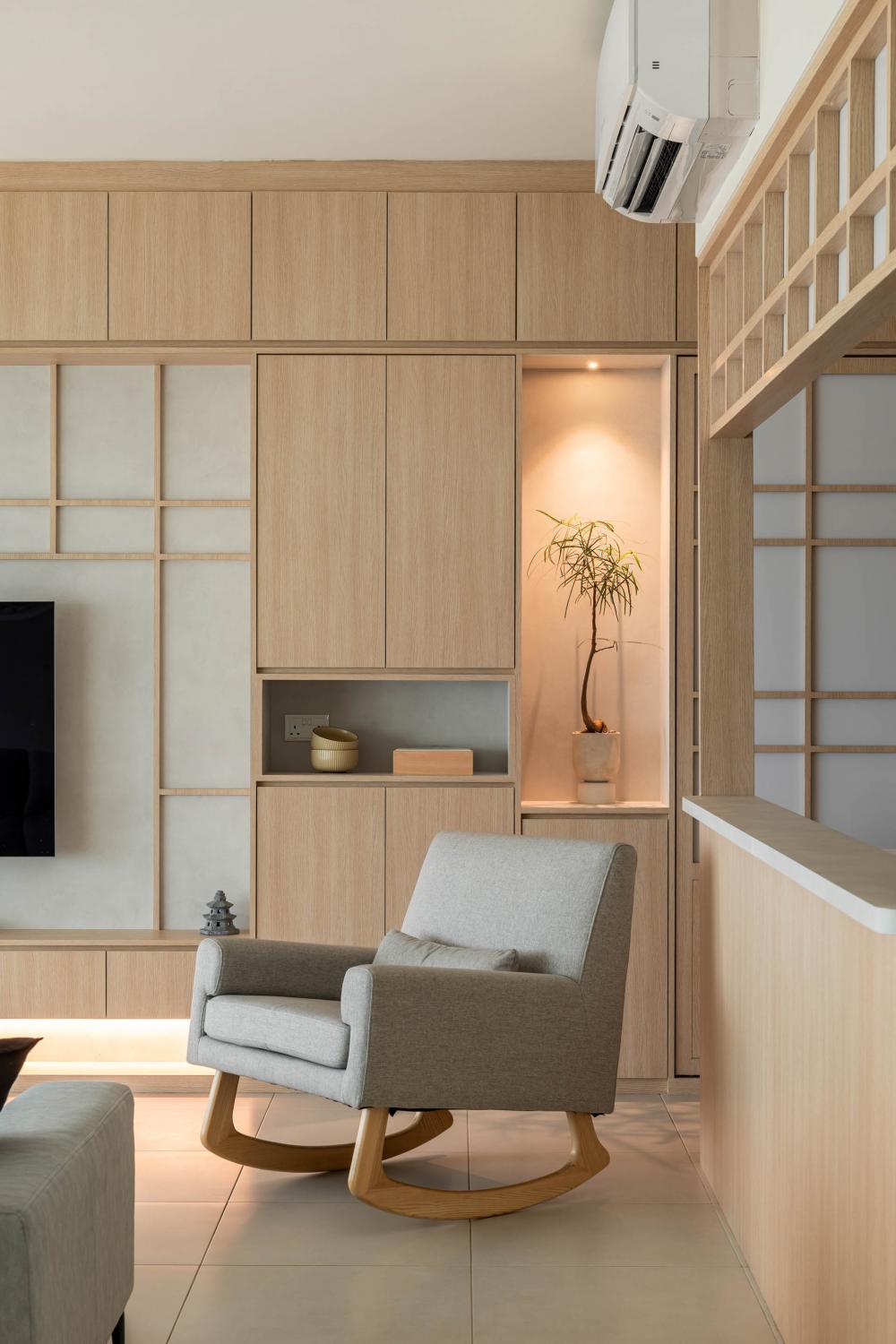 Asian Living Room with TV Console and Feature Wall