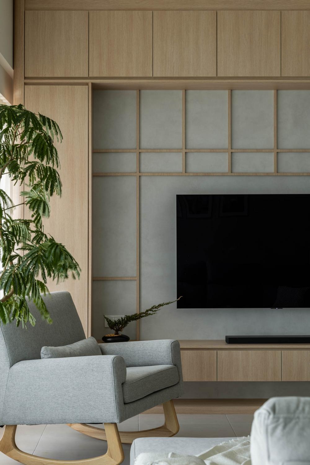 Asian Living Room with TV Console and Feature Wall