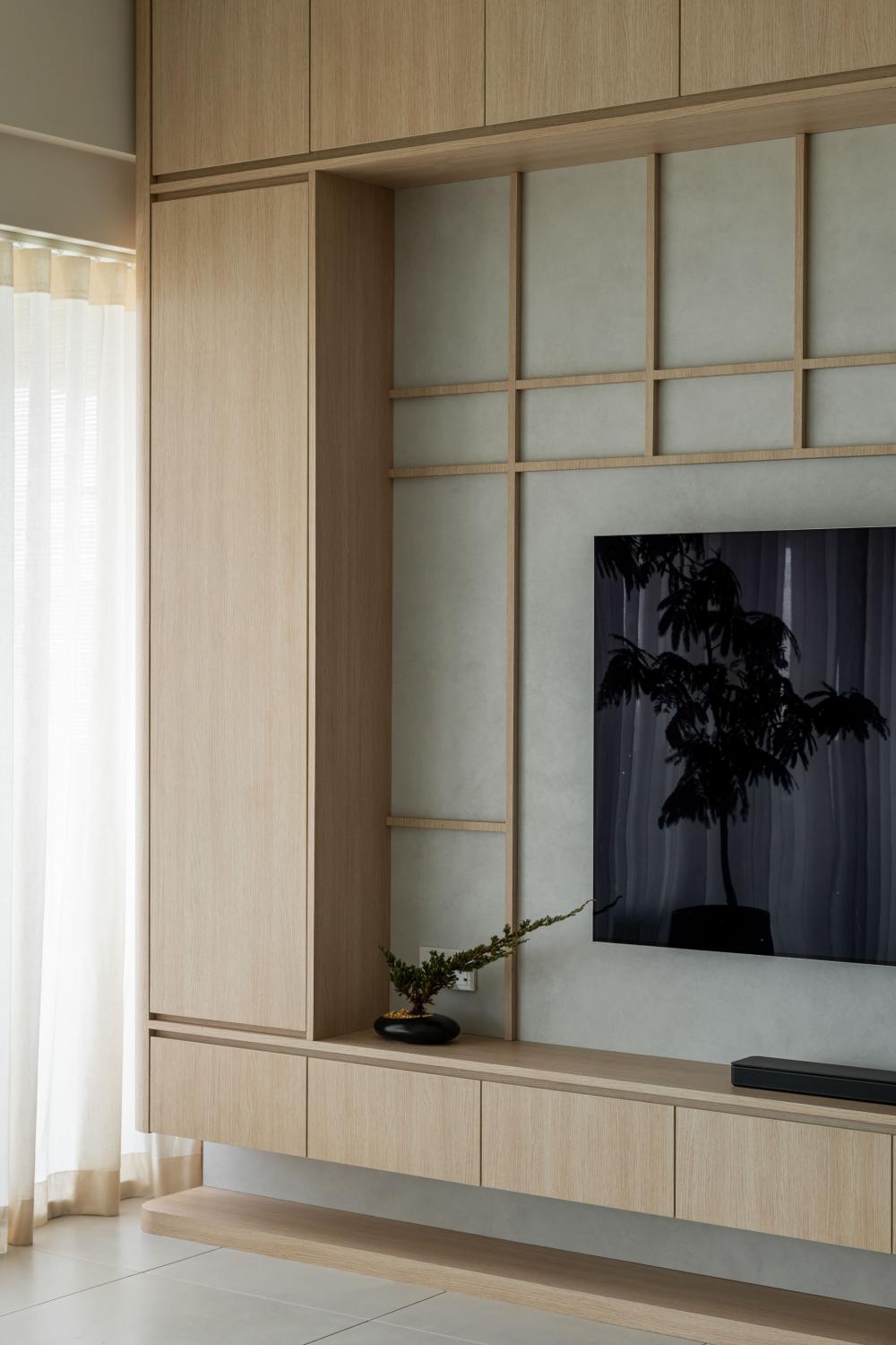 Asian Living Room with TV Console and TV