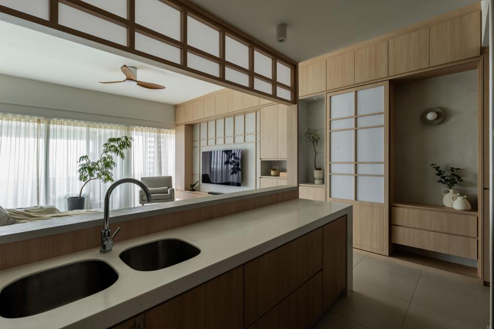 Asian Kitchen with Countertop and Homogeneous Tiles