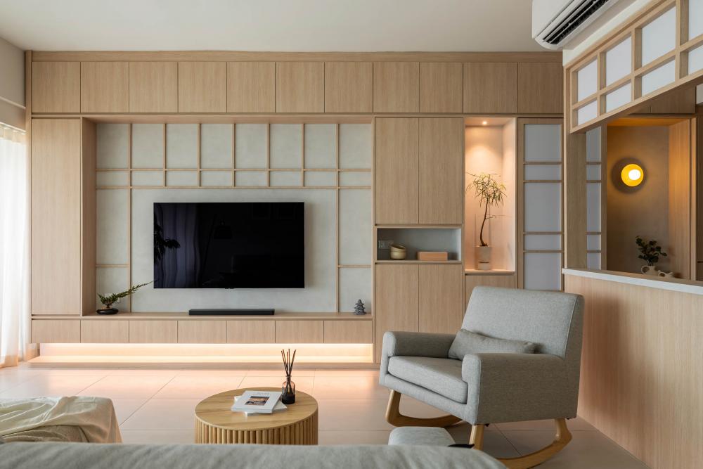 Asian Living Room with TV Console and Feature Wall