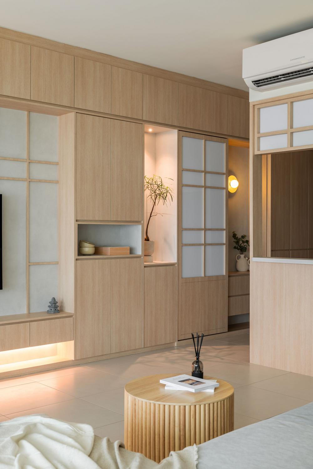Asian Living Room with Feature Wall and Storage Cabinets